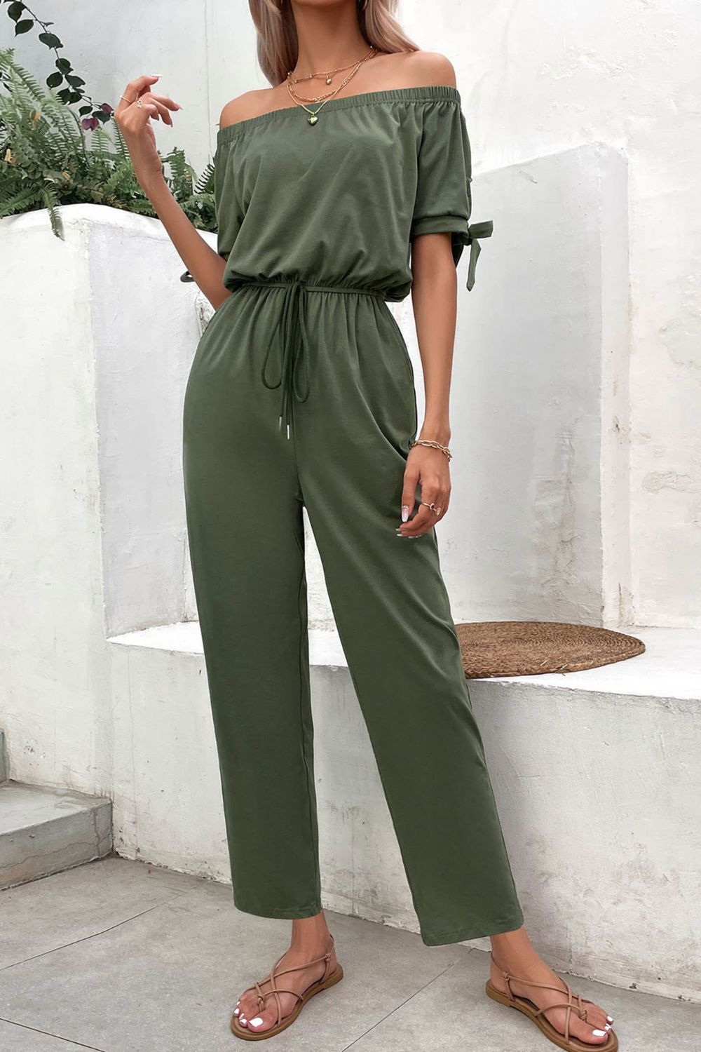 Off-Shoulder Tie Cuff Jumpsuit with Pockets - Heart 2 Heart Boutique