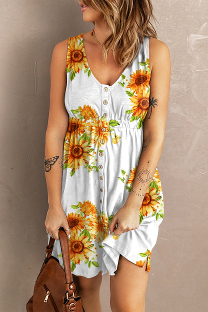 Sunflower Print Button Down Sleeveless Dress - Heart 2 Heart Boutique