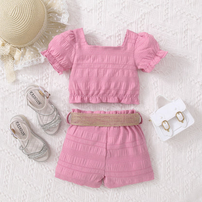 Kids Textured Bow Detail Top and Belted Shorts Set - Heart 2 Heart Boutique