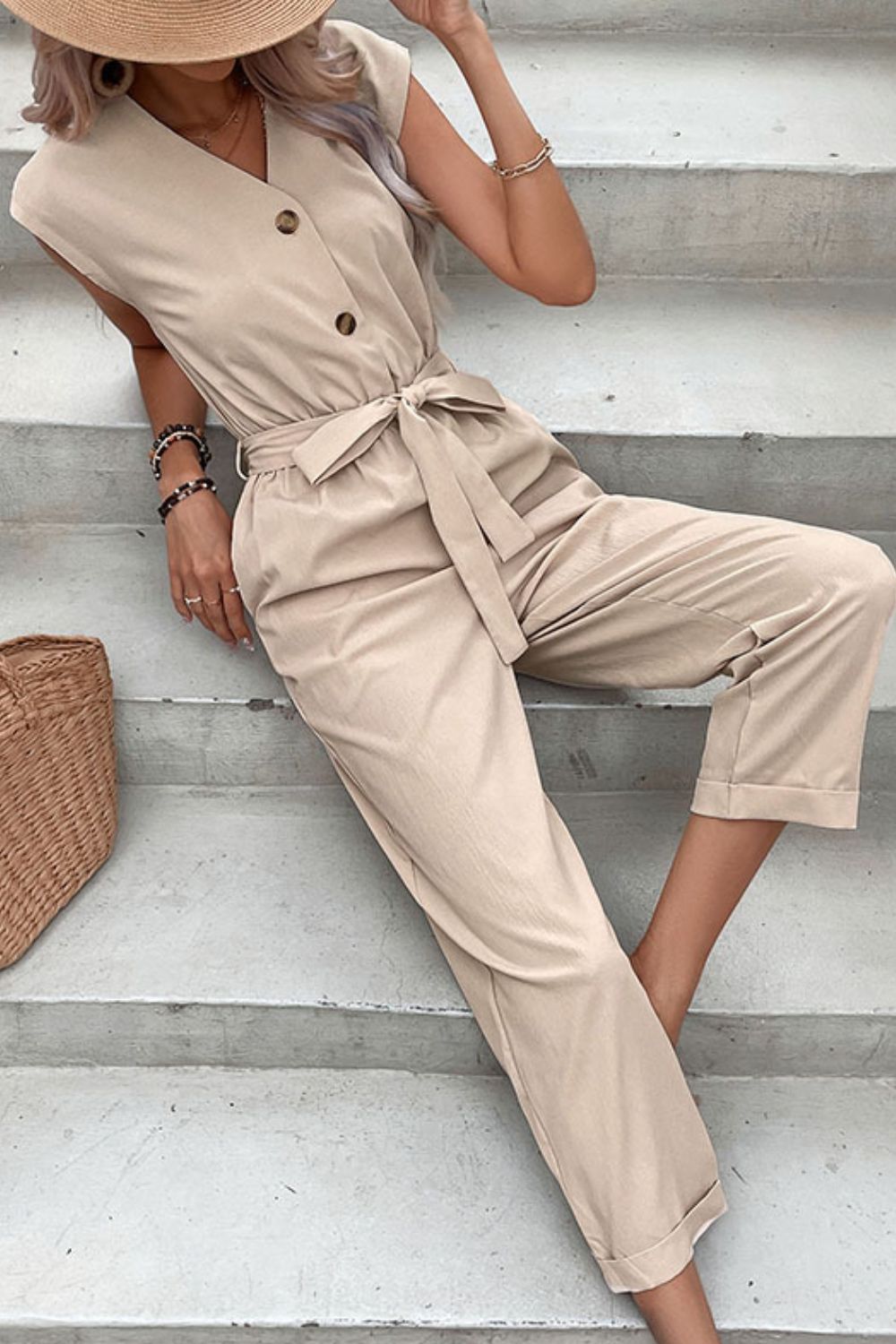 Capped Sleeve Belted V-Neck Jumpsuit - Heart 2 Heart Boutique