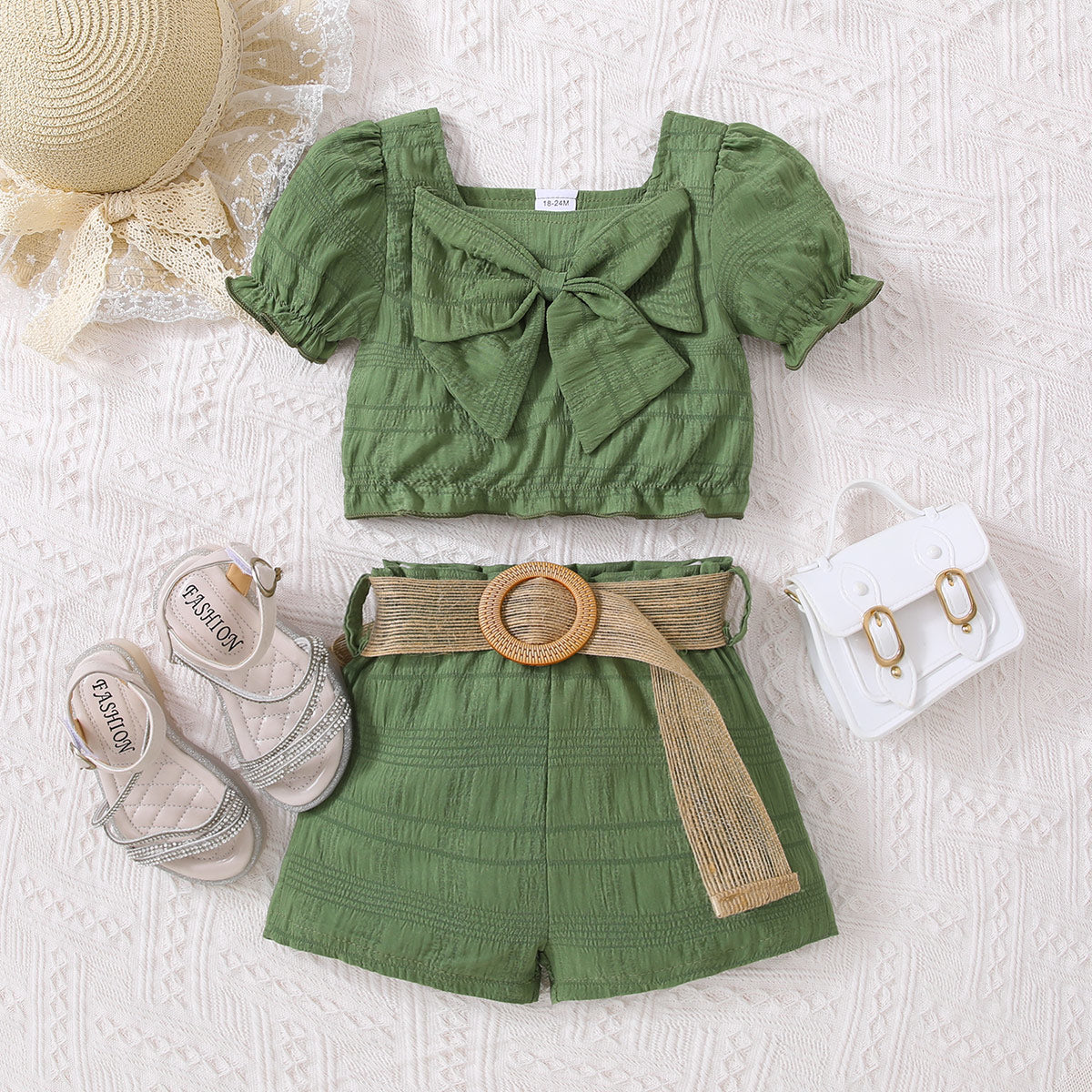 Kids Textured Bow Detail Top and Belted Shorts Set - Heart 2 Heart Boutique