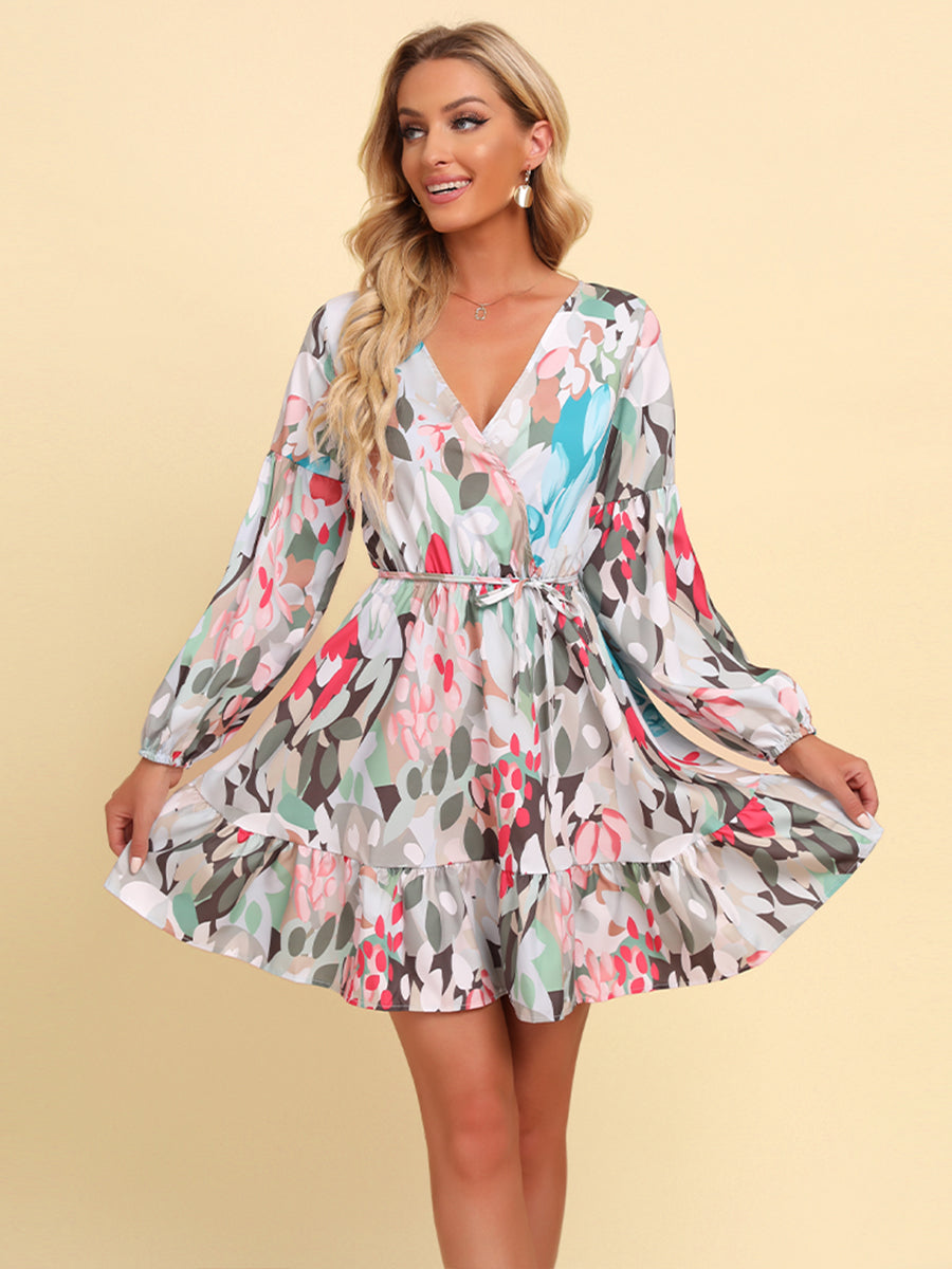 Full Size Printed Tie-Waist Puff Sleeve Surplice Dress - Heart 2 Heart Boutique