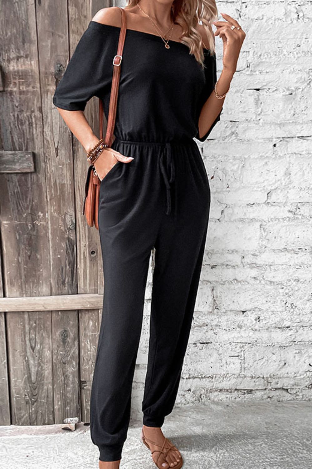 Off-Shoulder Jumpsuit with Pockets - Heart 2 Heart Boutique