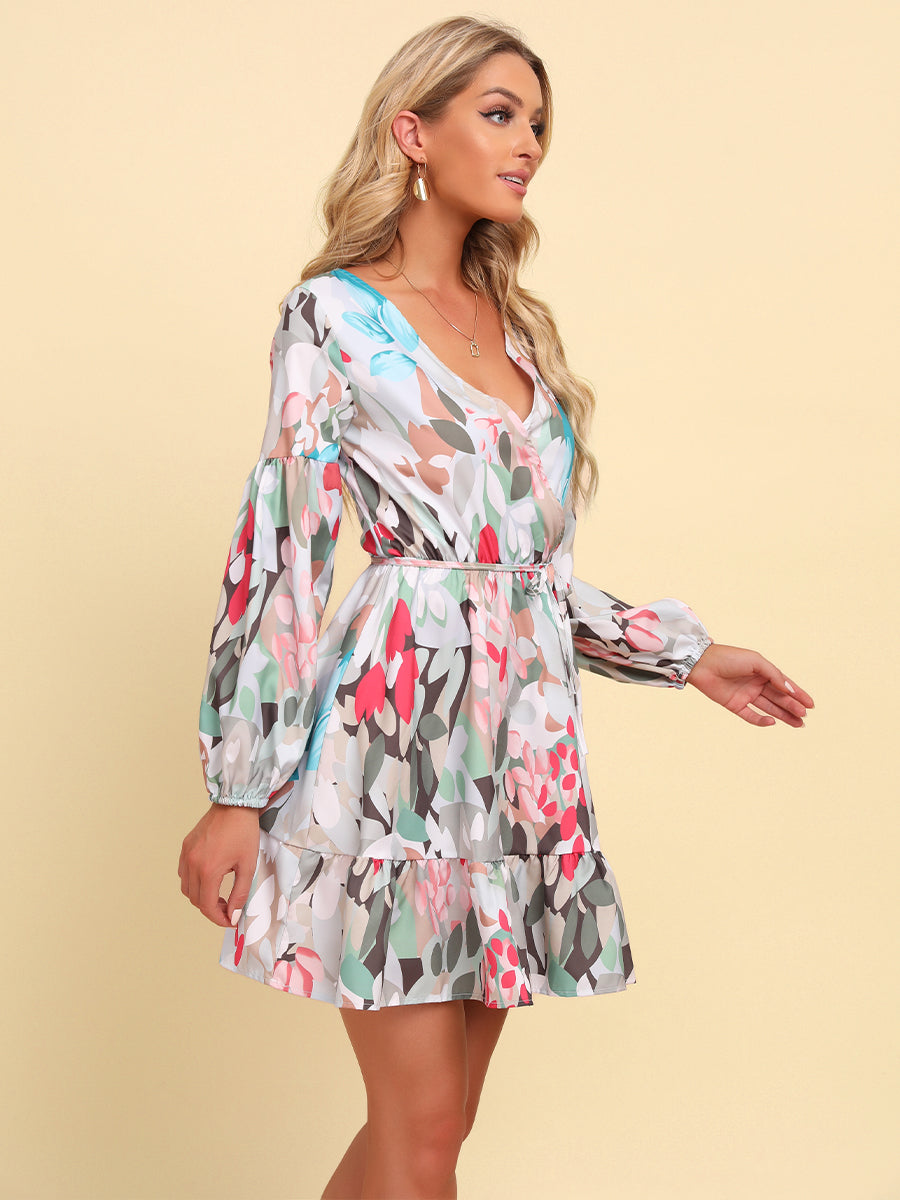 Full Size Printed Tie-Waist Puff Sleeve Surplice Dress - Heart 2 Heart Boutique