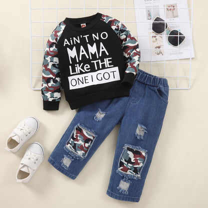 Kids Slogan Graphic Sweatshirt and Camoflague Patch Distressed Jeans Set - Heart 2 Heart Boutique