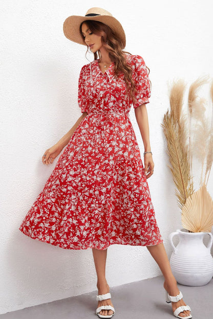 Floral Tie Waist Puff Sleeve Midi Dress