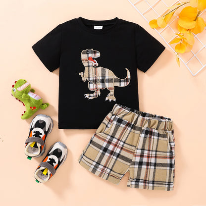 Kids Dinosaur Graphic Tee and Plaid Shorts Set - Heart 2 Heart Boutique