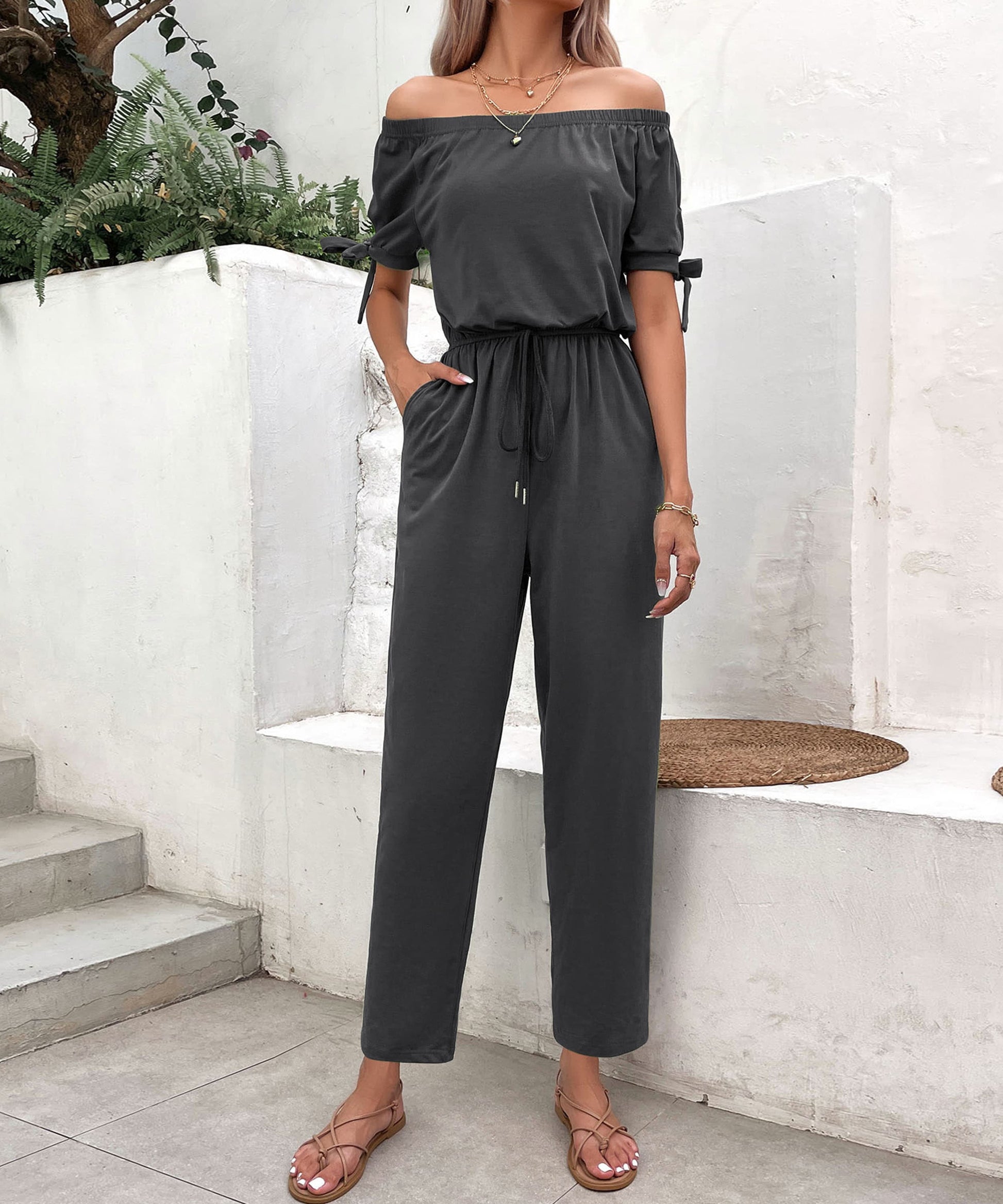 Off-Shoulder Tie Cuff Jumpsuit with Pockets - Heart 2 Heart Boutique