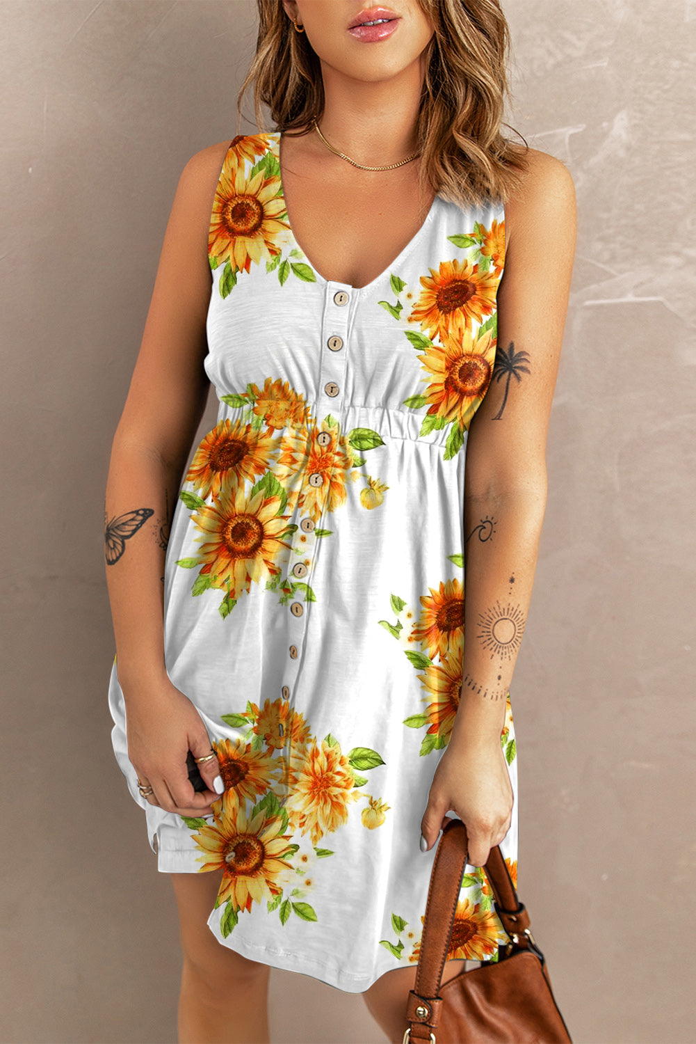 Sunflower Print Button Down Sleeveless Dress - Heart 2 Heart Boutique