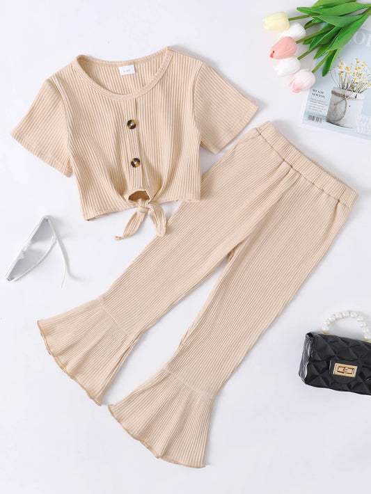 Girls Ribbed Buttoned Top and Flare Pants Set - Heart 2 Heart Boutique