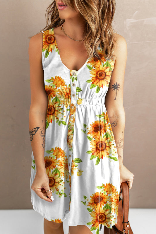 Sunflower Print Button Down Sleeveless Dress - Heart 2 Heart Boutique