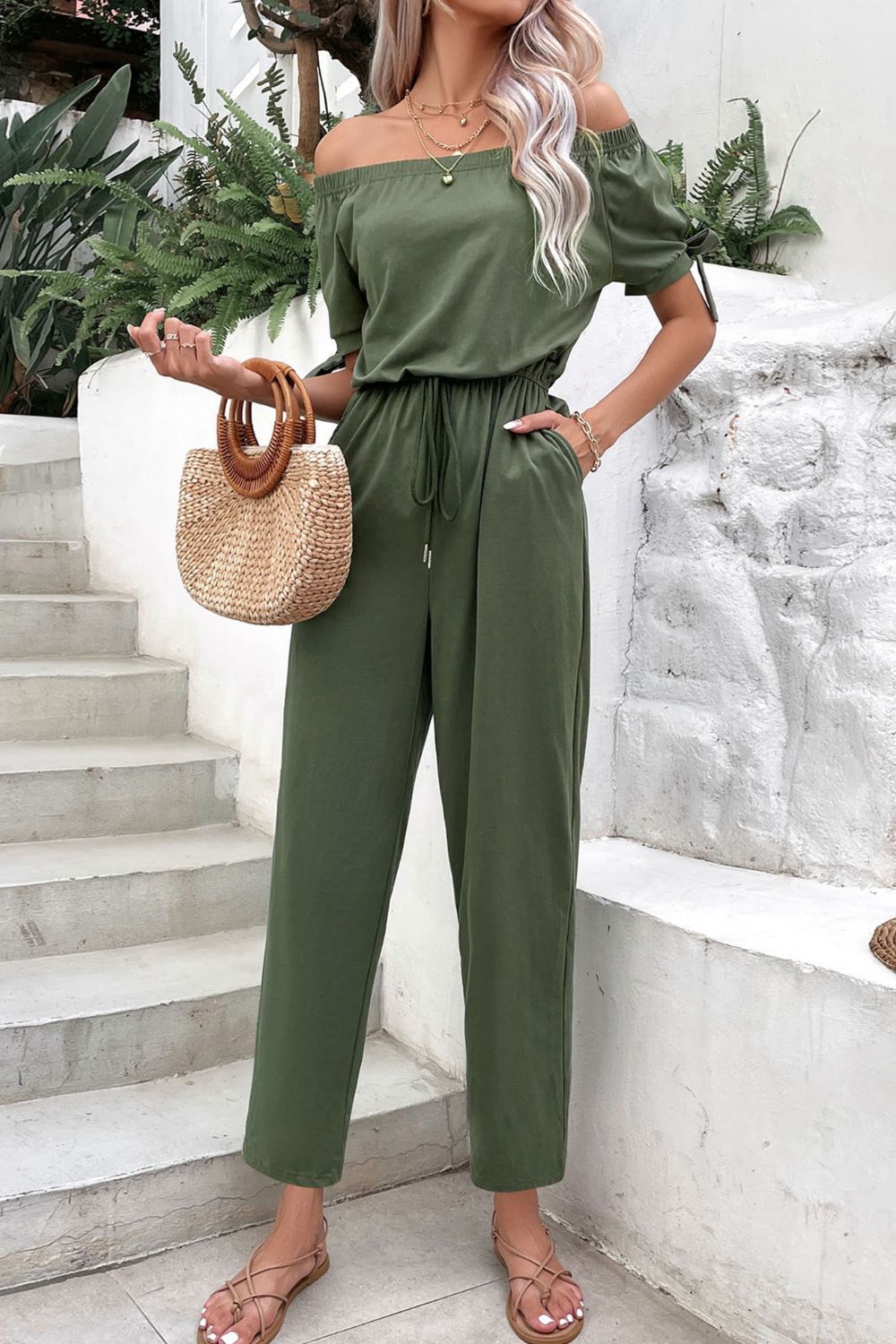 Off-Shoulder Tie Cuff Jumpsuit with Pockets - Heart 2 Heart Boutique